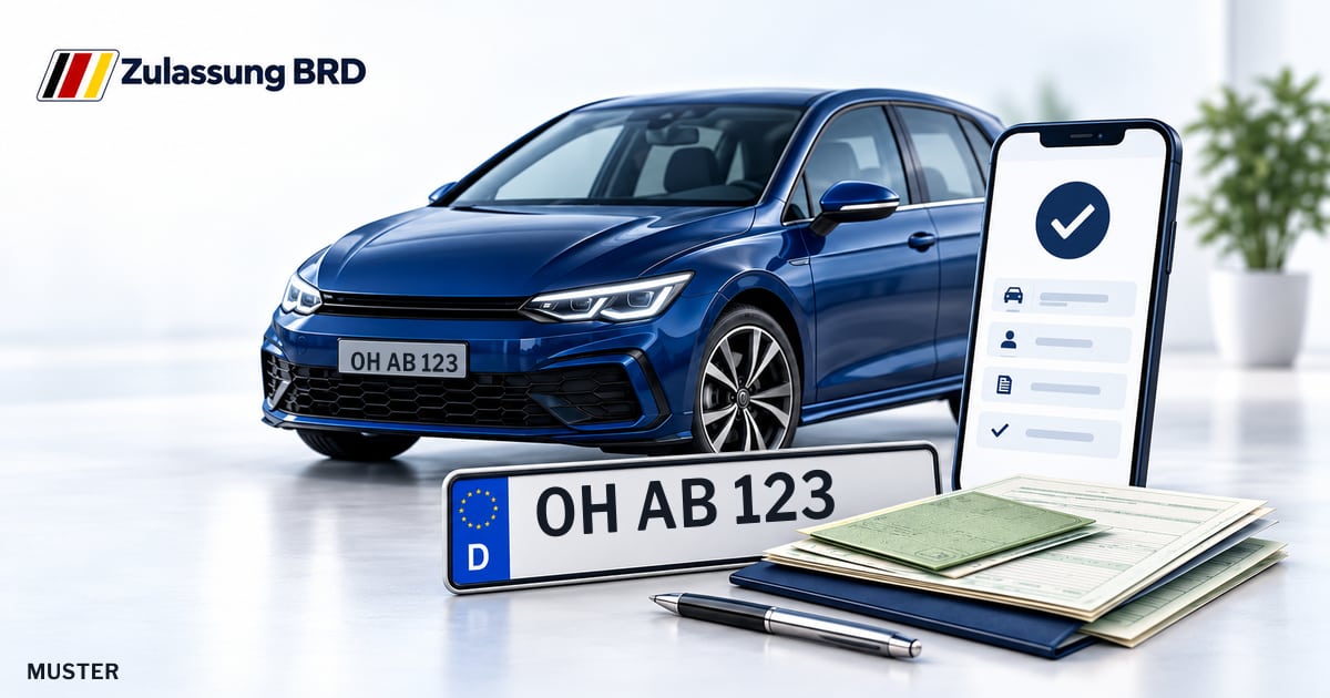 Online Fahrzeugzulassung in Stockelsdorf: Musterkennzeichen OH AB 123, Auto und Fahrzeugpapiere und Smartphone. Illustration mit Logo von Zulassung BRD.